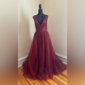 La Femme Burgundy Sequin Bodice Tulle Prom Gown